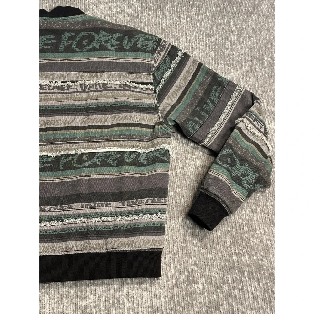 Forever 21 Men's Bomber Jacket L Quilted Distressed Striped Graphic Y2K Zip Rare